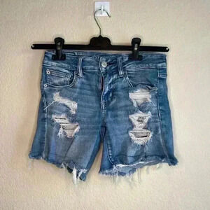American Eagle Next Level Stretch MIDI Distressed Denim Shorts Lace Pockets 4